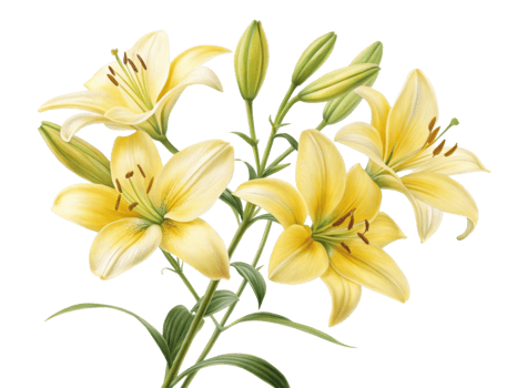 Beautiful yellow lilies bloom gracefully, showcasing their delicate petals and vibrant colors, perfect for brightening any space png