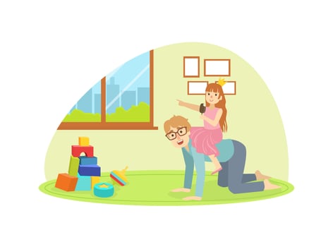 Cute Girl Riding on Fathers Back, Dad and His Daughter Having Fun Together Illustration vector