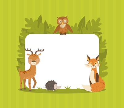 Cute Wild Forest Animals with Blank Banner, Flamingo, Owl, Deer, Hedgehog, Fox Standing Next to the Blank Signboard illustration vector