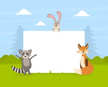 Cute Forest Animals with Blank Banner, Flamingo, Rabbit, Raccoon, Fox Standing Next to the Blank Signboard illustration vector