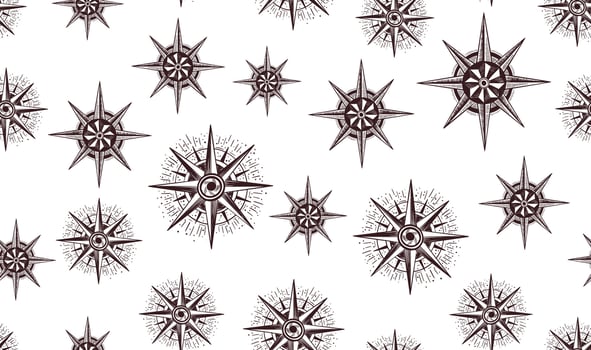 Compass Wind rose on white, pattern, hand drawn Illustration. vector