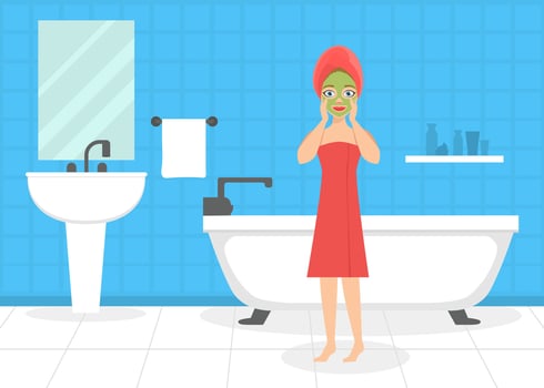 Young Woman with Towel Over Head Applying Facial Skincare Cosmetic Mask in Bathroom Flat Illustration vector