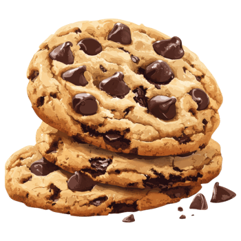 Delicious soft chocolate chip cookies stacked high, featuring gooey melted chocolate png