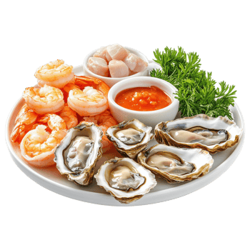 Fresh seafood platter featuring shrimp, oysters, scallops, and sauce png