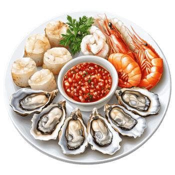 Fresh seafood platter featuring oysters, prawns, and scallops with dipping sauce png