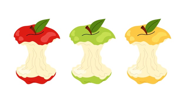 Apple core set. Fruit trash. Red, yellow and green apple stump on white background. vector
