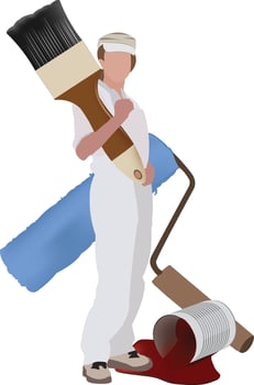 A man holding a paint roller and paint can vector