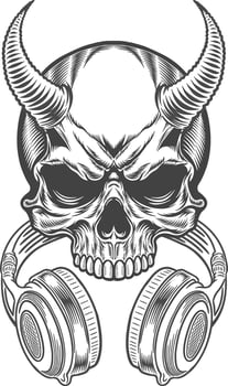 Skull with headphones and horns in a vintage style vector