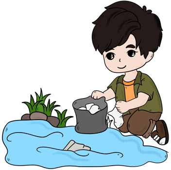 Boy Picking Up Trash Stream png