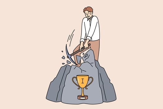 Challenge for business man who wants to get trophy hidden in rock and achieve success in life vector
