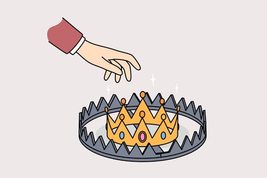 Trap for person who wants to become king, reaching out to golden crown hidden in trap vector