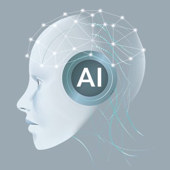 AI humanoid head side view with neural network thinks. AI with Digital Brain is learning processing big data, analysis information. Face of cyber mind. Concept of artificial intelligence vector