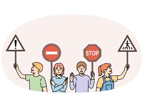 Young children hold traffic signs urging peers to follow safety rules walking streets vector