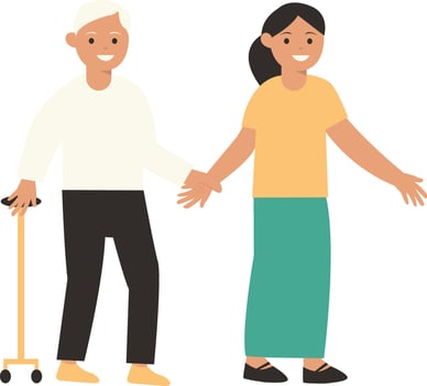 Volunteers Helping Old Person on White Background. vector