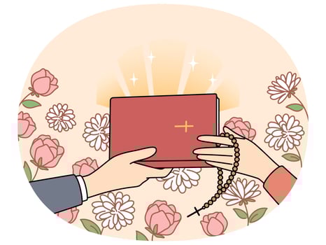 Hands of people with christian bible near flowers, during exchange of religious literature vector
