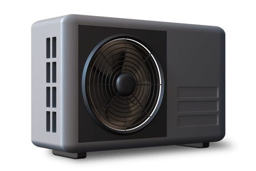 Air source heat pump, illustrating its compact design and essential components. Gray and black heating pump, isolated on transparent background. Side view. 3D render. png
