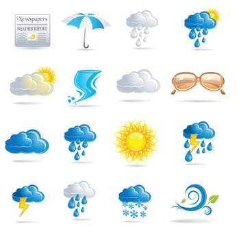 A White clouds, dew on leaves, fog sign, day and night for forecast design. Winter and summer symbols, sun and thunderstorm stickers. vector
