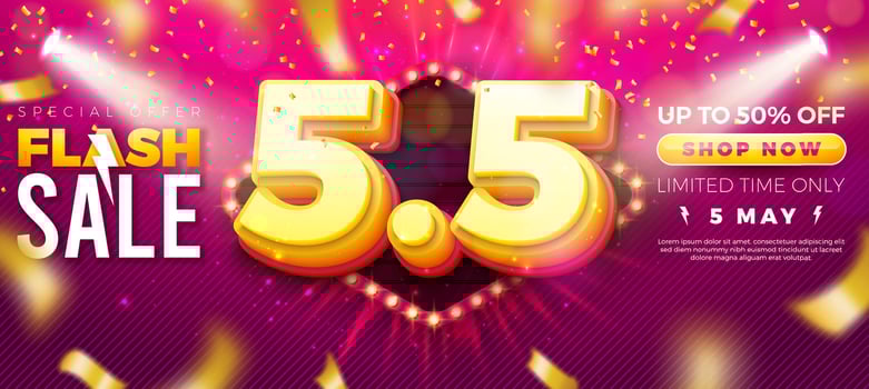 Shopping Day 5 May Flash Sale Design with 3d 5.5 Number, Light Bulb Billboard and Falling Confetti on Red Background. Special Offer 50 Percent Off Discount Illustration for Coupon vector