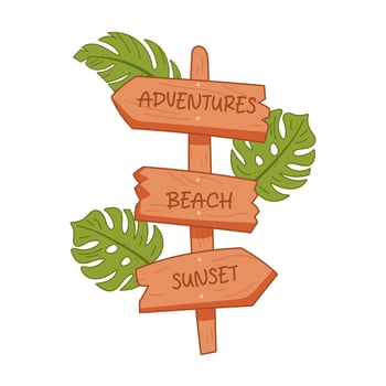 Wooden beach signpost with tropical leaves and direction text vector