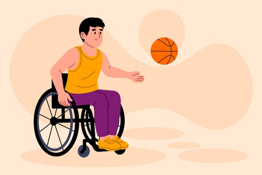 Man in wheelchair playing basketball and holding ball on beige background vector