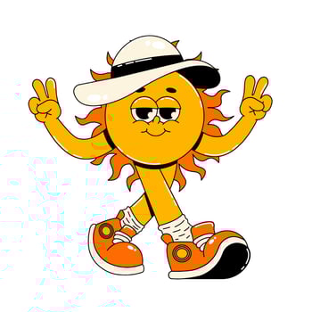 Retro groovy character sun. Walking happy design on white background. Flat illustration vector