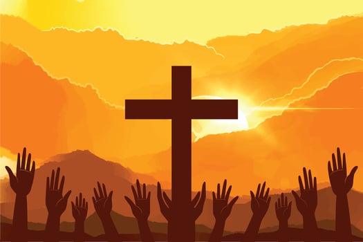 Silhouettes of people raising hands toward spiritual light. large cross visible vector