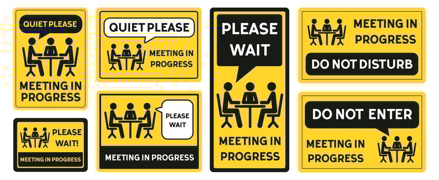 Meeting in Progress Sign Collection with Business Icons and Editable Text vector