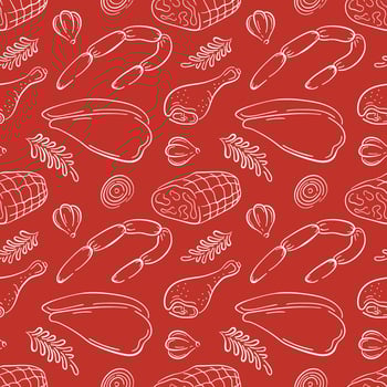 Seamless line art pattern of meat product including sausage, ham drumstick and herbs on red background. Perfect for butcher packaging, deli menu or culinary design. vector