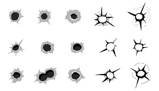 Bullet hole set gun shot weapon mark silhouette, impact gun, bullet hole gunshot. Damage from shoot. vector