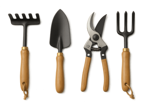 Gardening tools set with rake, trowel, pruner and hand cultivator on transparent background png