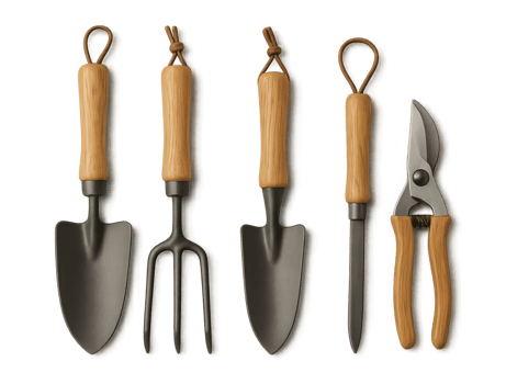 Gardening tools set with trowel, transplanter, hand rake, dibber and pruning shears on transparent background png