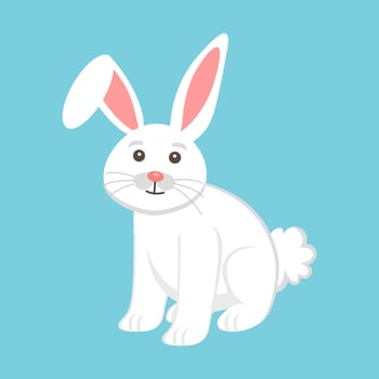 A cute white rabbit illustration with pink inner ears, brown eyes, a small pink nose, and whiskers, set against a light blue background. vector