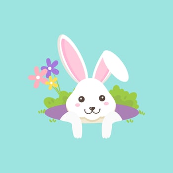 White bunny peeking out from a hole in the ground. Surrounded by green foliage and colorful flowers. Perfect for spring or Easter theme. flat illustration vector