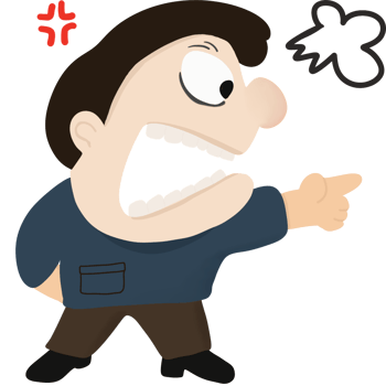 A cartoon illustration of an angry man shouting with an exaggerated expression, clenched teeth, and a pointing finger. png