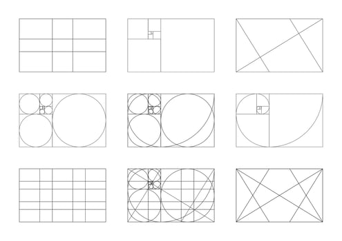 Set of Golden ratio minimal. Fibonacci array, numbers shapes. Harmony proportions frames template. Method golden section mockups collection. Harmony proportions grids. Outline graphic illustration. vector