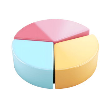Glossy 3D Pie Chart with Pink, Blue, Yellow Segments on Transparent Background png