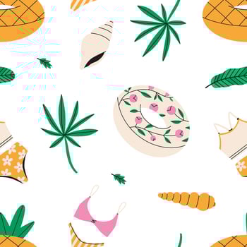 Summer items seamless pattern. Inflatable rings, tropical leaves and swimsuits. Summer pattern design. Flat illustration. vector