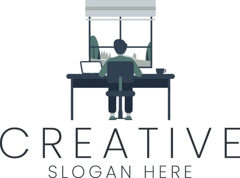 Person Working at Desk Laptop View Nature Scene Window job sky home flat calm cozy room vector