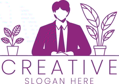 Purple Businessman Creative Design Plants Office art flat icon work desk team line vector