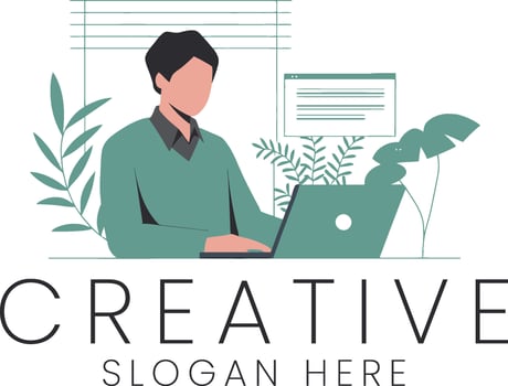 Modern Man Working on Laptop Creative Design Project flat teal home idea style clean green vector