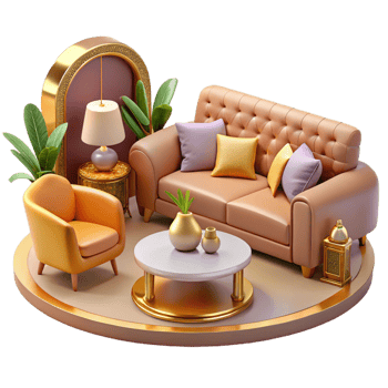 3d model of a living room with a couch, coffee table and lamp png