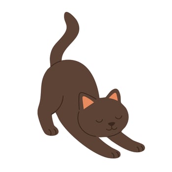 illustration of a dark brown cat stretching with eyes closed in relaxed cartoon pose. vector