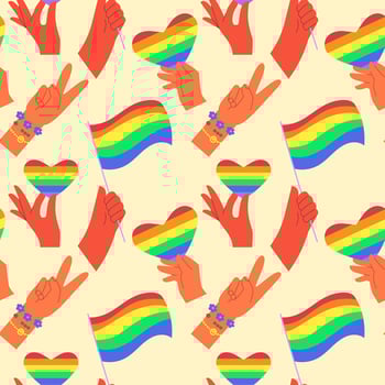 Seamless pattern with LGBT flags, hearts vector