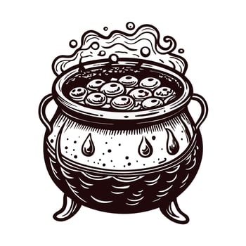Bubbling cauldron with potion brewing and steam rising in black and white vector
