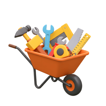 Colorful Tools Filled Orange Wheelbarrow 3D Render png