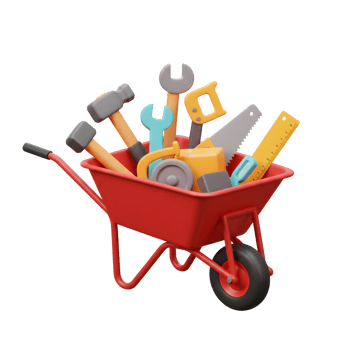 Red Wheelbarrow Filled Colorful Tools 3D Render Cartoon Style png