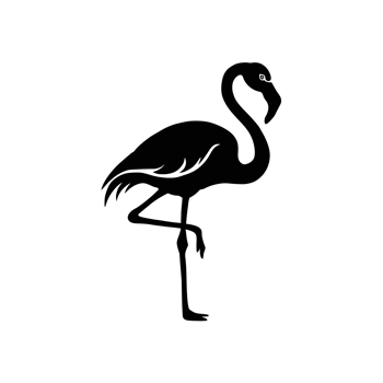 A black silhouette of a flamingo stands gracefully on one leg, showcasing its elegant neck and body cutouts png