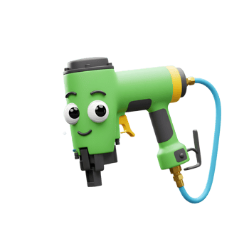 Happy Green Pneumatic Nail Gun Cartoon Style Air Hose Bubbles png