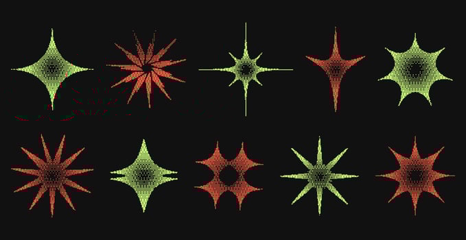 A collection of abstract bitmap star shapes. Metamodern, edgy, and futuristic elements perfect for posters, digital art, and trendy anti-design projects. vector