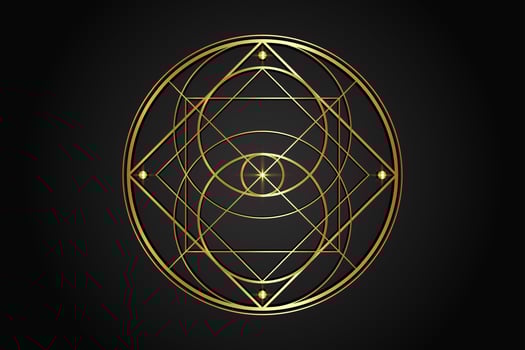 Vesica Piscis, Sacred Geometry, golden mystical third eye geometric logo design. Occult Emblem of Providence, All seeing eye protection, luck, magic. God eye masonic sign isolated on black background vector